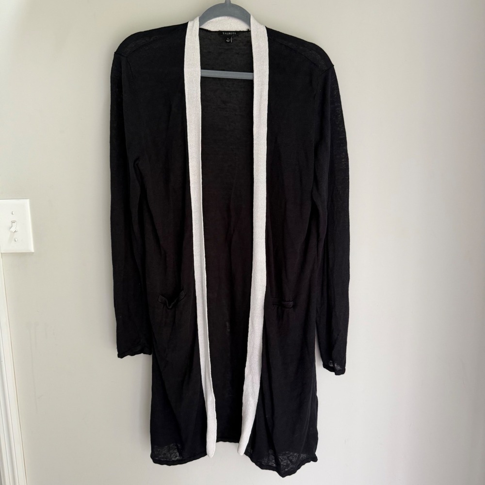 Talbots Cardigan Sweater Linen Blend Black White Long Line Open Front Size Large
